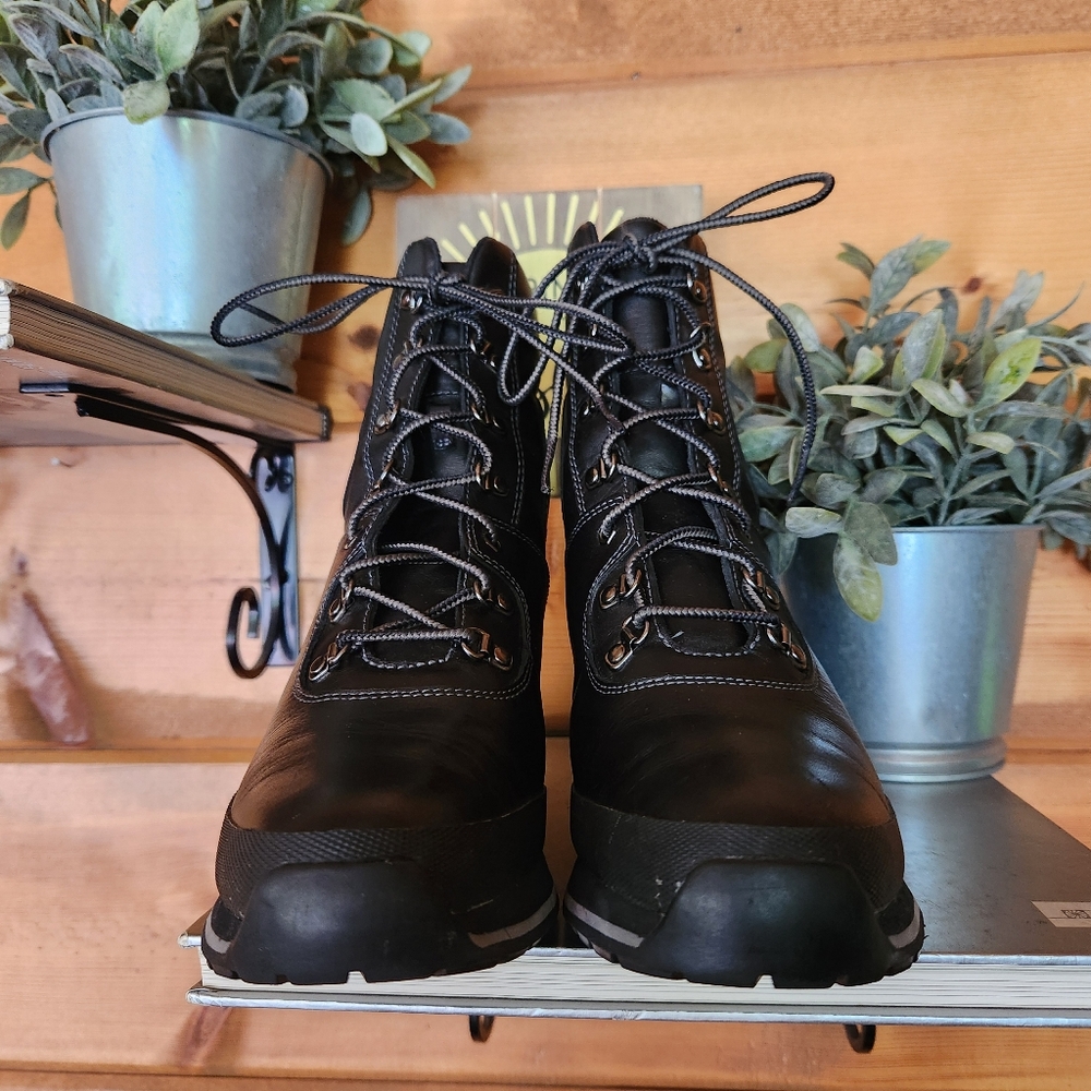 TIMBERLAND 89395 Black Leather Wedge Heel Lace Up Ankle Boots Moto Shoe Sz 8.5 M - Picture 5 of 11